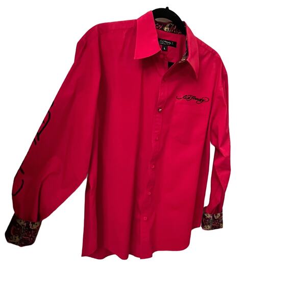 ED HARDY Christian Audigier Embroidered /Flip Cuff Red Long Sleeve Shirt Sz L - Picture 1 of 8